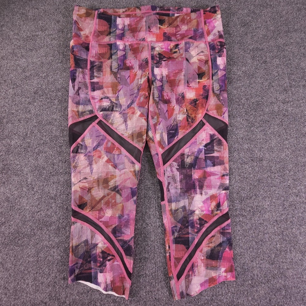 Lululemon Pants Womens 12 Pink Purple Print Capri Crop Mesh Panels Leggings Gym